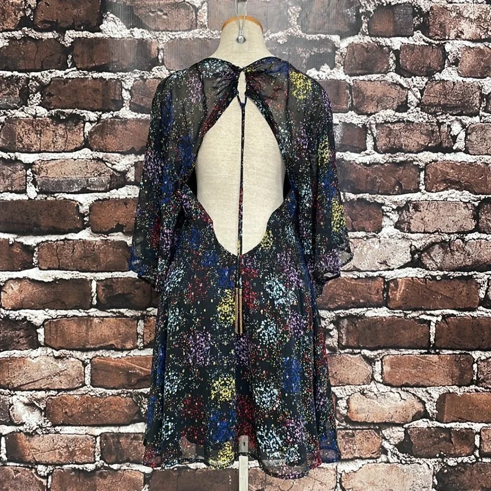 Free People Sheer Mini Dress Flowy Sleeves Shirred Black Size Medium Open Back